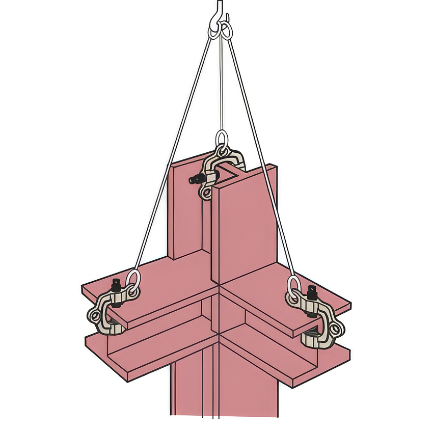 Løft av sammensveiset stålbjelke med tre Skruklype SWC-S og 3-parts sling med ulik benlengde