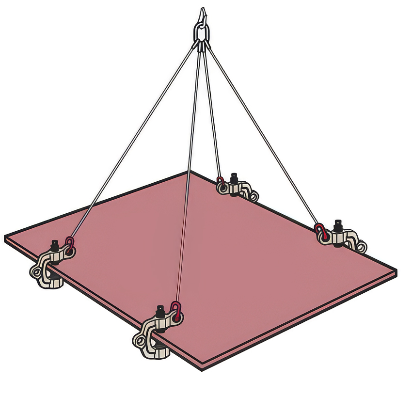 Løft av stålplate med fire Skruklype SWC-S og 4-parts sling